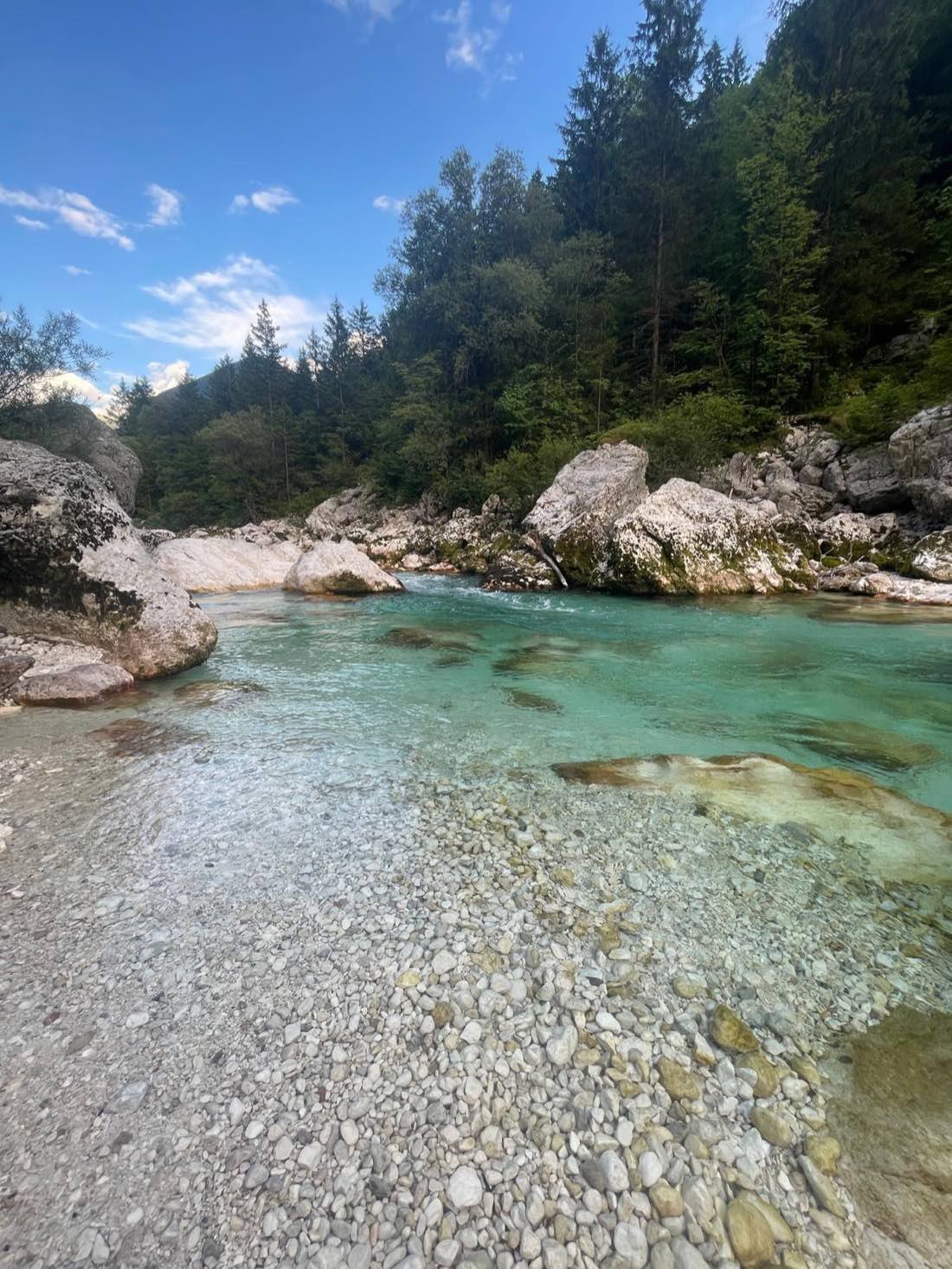 Ein klarer, türkiser Gebirgsfluss mit hellem Kiesufer, dahinter Felsen und dichter Wald